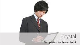  Presentation with business book - Colorful theme enhanced with young asian business man holding book and pen backdrop and a light gray colored foreground