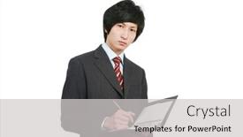  Presentation with business book - PPT theme having young asian business man holding book and pen background and a light gray colored foreground