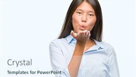  Presentation with kiss - Theme having young asian business woman over isolated background looking at the camera blowing a kiss with hand on air being lovely and sexy love expression background and a sky blue colored foreground