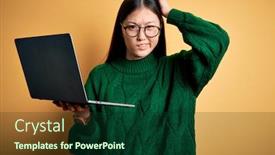  Presentation with woman business - Amazing PPT theme having young-asian-business-woman-wearing backdrop and a forest green colored foreground