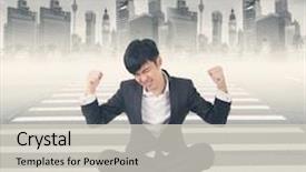  Presentation with struggle - Cool new slide set with young asian businessman sit on ground and feel relax or struggle at modern city backdrop and a light gray colored foreground