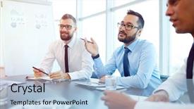  Presentation with ideas - PPT theme having young asian businessman voicing his ideas background and a light blue colored foreground