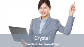  Presentation with finger point - Amazing slides having young asian businesswoman hold with laptop computer and finger point up backdrop and a gray colored foreground