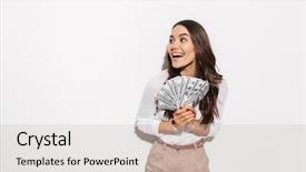  Presentation with isolated paw prints over white - Cool new slide set with young asian businesswoman showing money backdrop and a light gray colored foreground