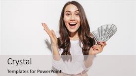  Presentation with asian - Presentation design enhanced with young asian businesswoman showing money background and a light gray colored foreground