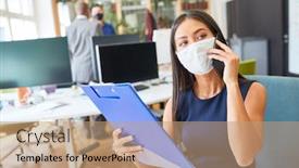  Presentation with covid - Cool new PPT theme with young-asian-businesswoman-with-face backdrop and a coral colored foreground