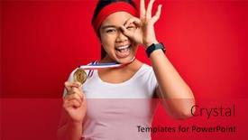  Presentation with medal - Audience pleasing presentation consisting of young-asian-champion-girl-winning backdrop and a crimson colored foreground
