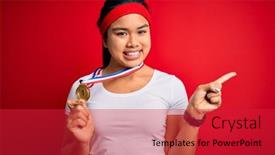  Presentation with champion - Audience pleasing slide deck consisting of young-asian-champion-girl-winning backdrop and a red colored foreground