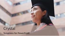  Presentation with graduation black graduate hat - Slide set consisting of young asian cheerful graduation looking background and a coral colored foreground