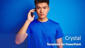  Presentation with chinese - Presentation theme featuring young asian chinese man talking on the smartphone standing over isolated blue background with a confident expression on smart face thinking serious background and a cobalt blue colored foreground