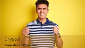  Presentation with polo - Amazing slide deck having young asian chinese man wearing striped polo standing over isolated yellow background excited for success with arms raised and eyes closed celebrating victory smiling winner concept backdrop and a gold colored foreground