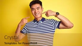  Presentation with polo - Slide set having young asian chinese man wearing striped polo standing over isolated yellow background smiling cheerful showing and pointing with fingers teeth and mouth dental health concept background and a gold colored foreground
