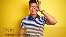  Presentation with polo - Presentation design enhanced with young asian chinese man wearing striped polo standing over isolated yellow background doing ok gesture with hand smiling eye looking through fingers with happy face background and a gold colored foreground