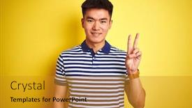  Presentation with polo - Audience pleasing presentation design consisting of young asian chinese man wearing striped polo standing over isolated yellow background showing and pointing up with fingers number two while smiling confident and happy backdrop and a gold colored foreground