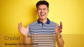  Presentation with polo - Amazing presentation theme having young asian chinese man wearing striped polo standing over isolated yellow background celebrating mad and crazy for success with arms raised and closed eyes screaming excited winner concept backdrop and a gold colored foreground