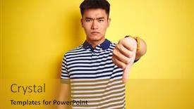  Presentation with polo - Presentation consisting of young asian chinese man wearing striped polo standing over isolated yellow background looking unhappy and angry showing rejection and negative with thumbs down gesture bad expression background and a gold colored foreground