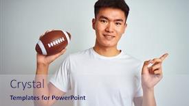  Presentation with rugby - Amazing slide set having young asian chinese sportsman holding rugby ball standing over isolated white background very happy pointing with hand and finger to the side backdrop and a sky blue colored foreground