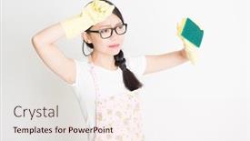  Presentation with dirt - Cool new PPT theme with young asian cleaning lady with sponge scrubbing dirt backdrop and a sky blue colored foreground
