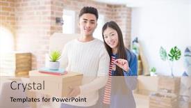  Presentation with keys - Audience pleasing presentation design consisting of young asian couple holding keys of new house smiling happy and excited moving to a new apartment backdrop and a lemonade colored foreground