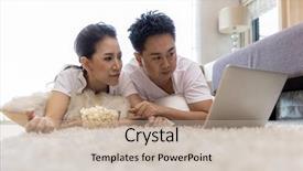  Presentation with bedroom modern - Presentation theme with young asian couples using laptop together in bedroom of contemporary house for modern lifestyle concept background and a soft green colored foreground