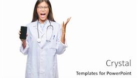  Presentation with doctor asian - Amazing PPT layouts having young asian doctor woman holding smartphone over isolated background very happy and excited winner expression celebrating victory screaming with big smile and raised hands backdrop and a white colored foreground