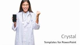  Presentation with asian doctor - Slides with young asian doctor woman holding smartphone over isolated background screaming proud and celebrating victory and success very excited cheering emotion background and a white colored foreground
