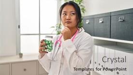  Presentation with asian doctor - Presentation design having young-asian-doctor-woman-holding background and a light gray colored foreground