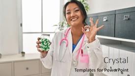  Presentation with asian doctor - PPT theme enhanced with young-asian-doctor-woman-holding background and a  colored foreground