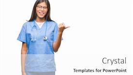  Presentation with doctor asian - Amazing PPT theme having young asian doctor woman over isolated background smiling with happy face looking and pointing to the side with thumb up backdrop and a white colored foreground