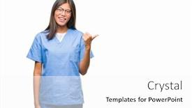  Presentation with asian doctor - Presentation design having young asian doctor woman over isolated background smiling with happy face looking and pointing to the side with thumb up background and a white colored foreground