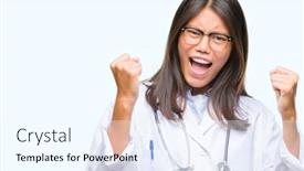  Presentation with doctor asian - Presentation theme with young asian doctor woman over isolated background very happy and excited doing winner gesture with arms raised smiling and screaming for success celebration concept background and a sky blue colored foreground
