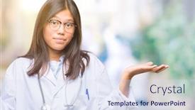  Presentation with asian doctor - PPT theme having young asian doctor woman over isolated background clueless and confused expression with arms and hands raised doubt concept background and a sky blue colored foreground