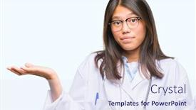  Presentation with asian doctor - Beautiful presentation theme featuring young asian doctor woman over isolated background clueless and confused expression with arms and hands raised doubt concept backdrop and a sky blue colored foreground