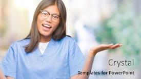 Presentation with doctor asian - Audience pleasing presentation theme consisting of young asian doctor woman over isolated background clueless and confused expression with arms and hands raised doubt concept backdrop and a light blue colored foreground
