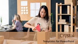  Presentation with office room - Colorful PPT layouts enhanced with young-asian-female-worker backdrop and a coral colored foreground