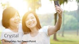  Presentation with females - PPT layouts with young asian females having fun at outdoor park taking selfie using smartphone camera sun flare background background and a coral colored foreground