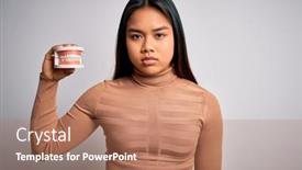  Presentation with denture - PPT layouts with young-asian-girl-asking background and a coral colored foreground