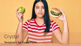  Presentation with burger - Amazing slide deck having young-asian-girl-comparing-burger backdrop and a coral colored foreground