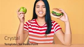  Presentation with burger - Colorful presentation design enhanced with young-asian-girl-comparing-burger backdrop and a coral colored foreground