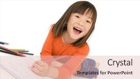  Presentation with asian - Cool new presentation theme with school kids arts - young asian girl drawing backdrop and a lemonade colored foreground