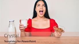  Presentation with almond milk - Cool new PPT theme with young-asian-girl-drinking-healthy backdrop and a coral colored foreground