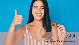  Presentation with chicken - PPT theme consisting of young-asian-girl-eating-chicken background and a coral colored foreground