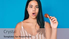  Presentation with eating - Presentation theme featuring young-asian-girl-eating-chicken background and a coral colored foreground