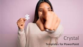  Presentation with hand holding puzzle piece - Cool new slide set with young-asian-girl-holding-piece backdrop and a coral colored foreground