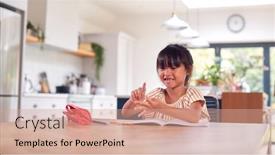  Presentation with home schooling - Audience pleasing PPT theme consisting of young-asian-girl-home-schooling backdrop and a coral colored foreground