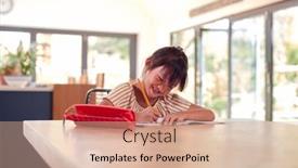  Presentation with home schooling - Slide set with young-asian-girl-home-schooling background and a coral colored foreground