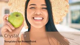  Presentation with green city - Theme with young-asian-girl-smiling-happy background and a coral colored foreground