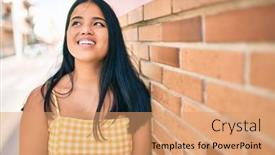  Presentation with asian - Amazing slide deck having young-asian-girl-smiling-happy backdrop and a coral colored foreground