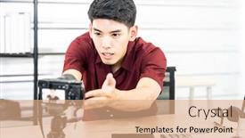  Presentation with social media camera - Audience pleasing presentation theme consisting of young-asian-male-blogger-setting backdrop and a coral colored foreground