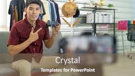  Presentation with video gaming - Audience pleasing PPT theme consisting of young-asian-male-online-blogger backdrop and a violet colored foreground